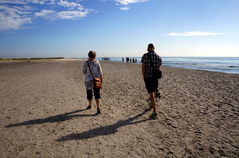 Människor och hund gåendes på stranden