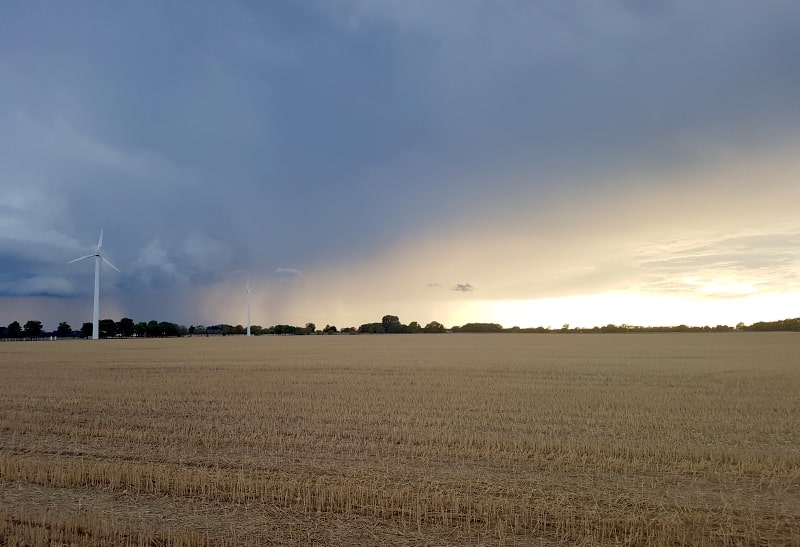 Åker med himmel som skiftar i grått och gult