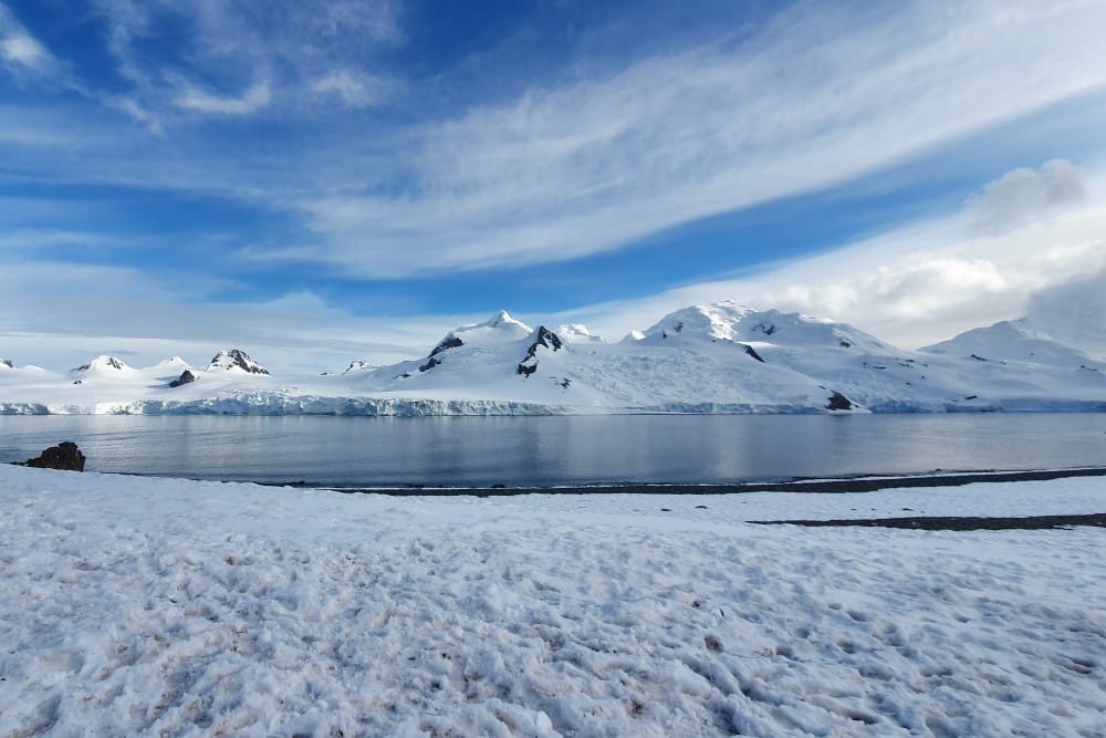 Snötäckt land, antarktiska oceanen och snötäckta berg