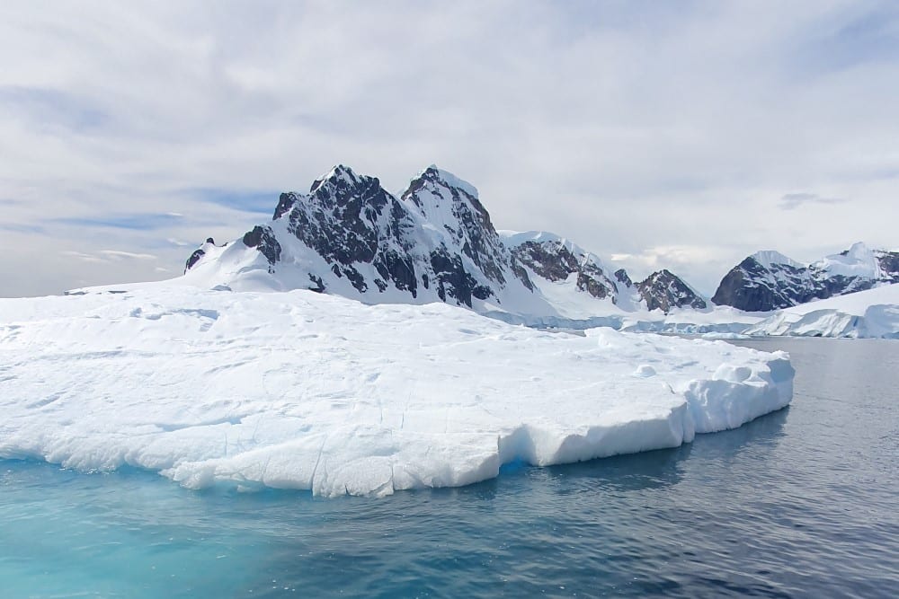 Isblock i antarktiska oceanen framför snötäckta berg