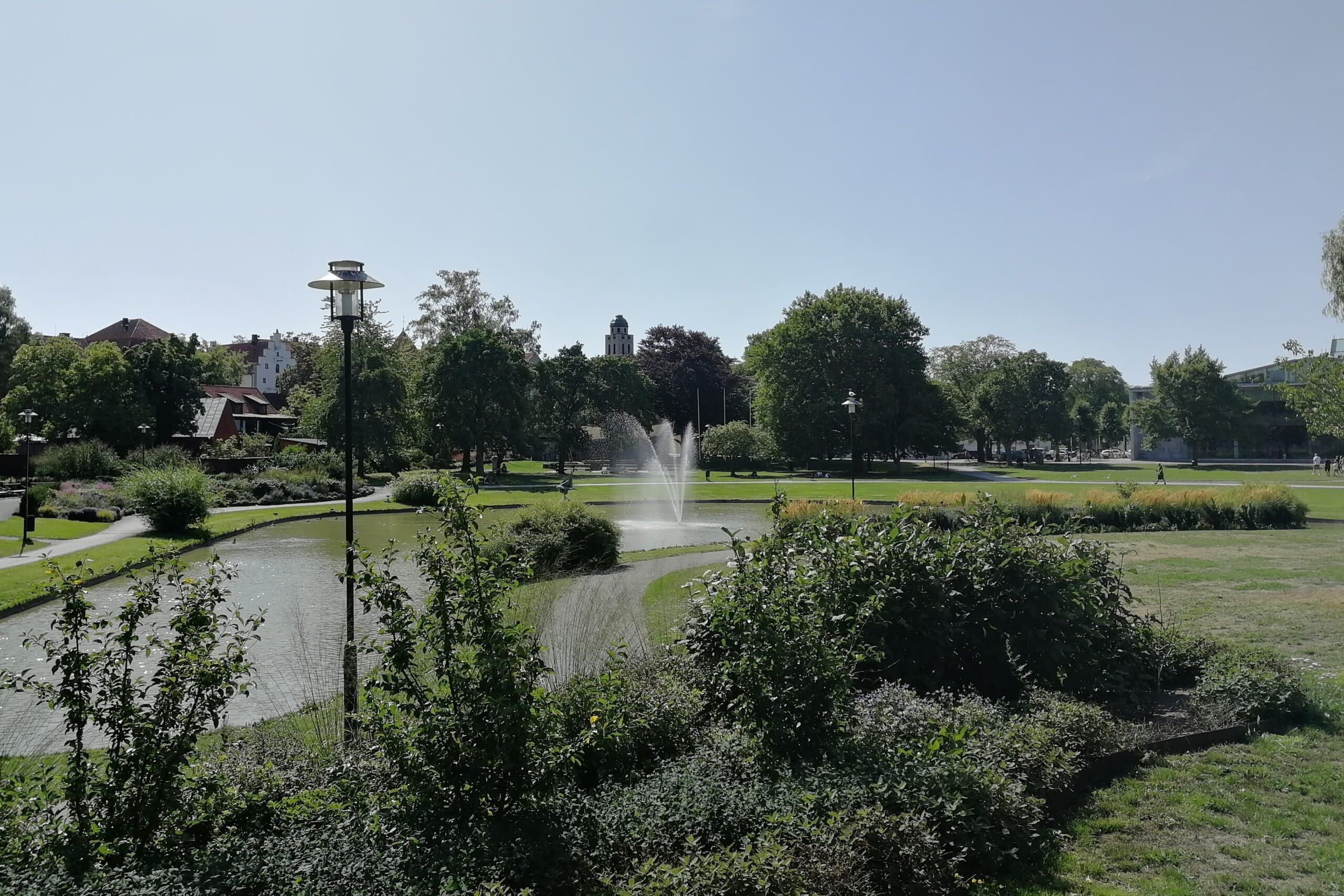 Gräs, ankdamm och en fontän i Almedalen